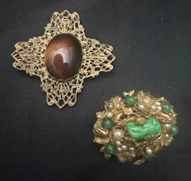 2 Vintage Costume Jewelry Miriam Haskell Signed Pins