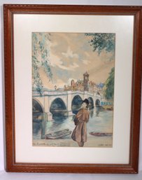 Watercolor Of Woman By Bridge Signed And Dated 1943 In Wood Frame.