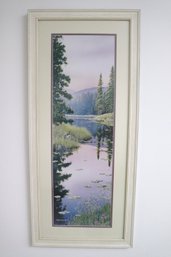 Poster Of Landscape With Pond And Mountains, In A White Painted  Wood Frame.