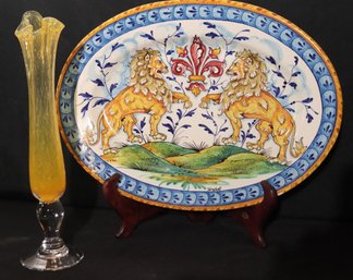 Italian Majolica Platter With Lions And Signed Yellow Art Glass Bud Vase By Cinquille.
