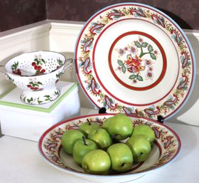 Large Serving Bowls By Pottery Barn Includes Faux Fruit & Golden Strainer By Barbara Collins Gallett