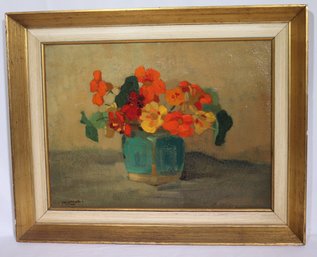 MCM Oil On Canvas Of Orange And Yellow Flowers In Ceramic Vase Signed And Framed.