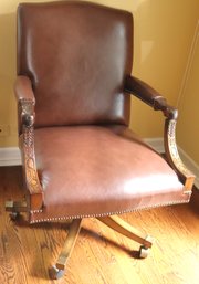 Smith And Watson NY Carved Wood Leather Swivel Office Chair With Nail Head Accents Along The Edges