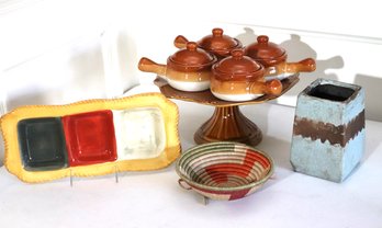 Includes Soup Crocks, Pedestal Cake Dish, Hand Woven Bowl & More As Pictured!