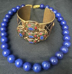 Beautiful Costume Cuff Painted Enamel Bracelet With Blue Lapis Beaded Necklace