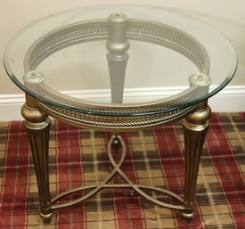 French Style Accent Table With A Beveled Edge Glass Top And Braided Accents Along The Apron