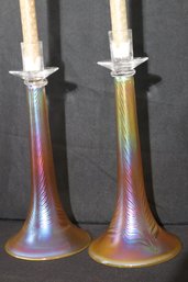 Pair Of Vintage Iridescent Art Nouveau Style Feather Candlesticks By Igor Muller