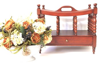 Wood Magazine Stand & Decorative Basket With Floral Arrangement