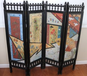 Aesthetic Movement Japanese 4 Panel Floor Screen With Watercolor Painting Of Birds & Flowers