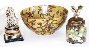 Large Bowl By Speer Collectibles With Bird & Floral Accents Includes A Decorative Canister & Rooster Decor
