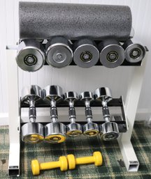 Set Of Cap Barbell Weights In Chrome, With Holder, Ranging From 8 Lbs. -30Lbs.