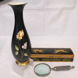 Royal Bavaria Porcelain Vase, Hand Painted Trinket Box, And Magnifying Glass.