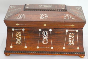 Antique 19th C. Mahogany Tea Caddy With Mother Of Pearl Inlay In A Casket Shape