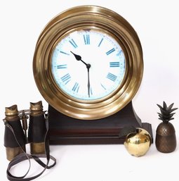 Maritime Style Battery Operated Clock Decor, Binoculars, Brass Apple Paper Weight, Brass Pineapple Trinket