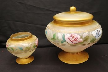 Two Italian Hand Painted Marbleized Glass Pieces, With A Covered Bowl And Vase.