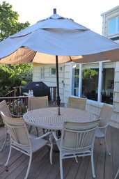 Agio Cast Aluminum Round Patio Table And 6 Chairs With Umbrella And Stand. Includes California Umbrella