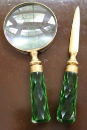 Emerald Green Toned Magnifying Glass And Letter Opener