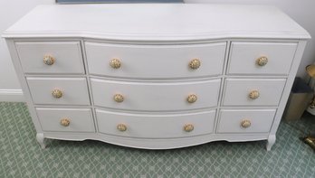 White Painted Wood Dresser With Large McKenzie Childs Ceramic  Parchment Check Knobs.