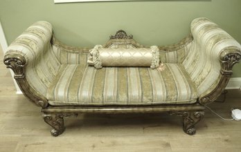 Gorgeous Carved Wood Rolled Arm Settee With Textured Linen Fabric Includes Bolster