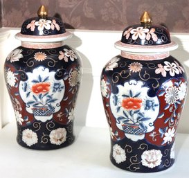 Pair Of Fine Painted Oriental Accent Large Asian Style Urns With Lid, Really A Fabulous Pair