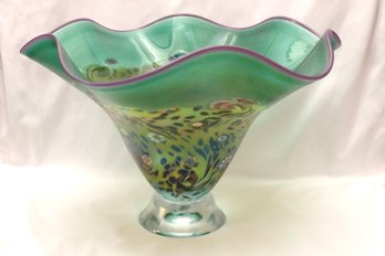 Gorgeous Large Art Glass Millefiori Centerpiece Bowl With Iridescent Colors And Wavy Edges, Signed.