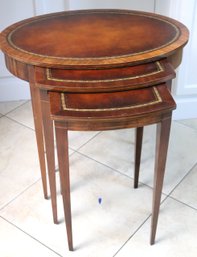 Set Of 3 Leather Top Stack Tables With Gold Banding