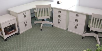 Four-piece White Laminated Desk Unit, Two Rolling/swivel Chairs And  Side Cabinet On Casters.