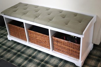Pottery Barn White Painted Wood Compartment Bench With 3 Woven Baskets