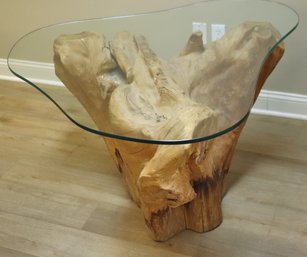 Natural Rustic Root End Accent Table With Glass Top