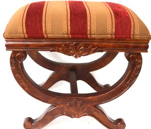 Empire Style Cross Stretcher Walnut Ottoman/stool With Carved Detailing