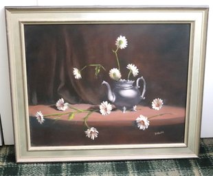An Artist Signed Painting Of Teapot With Daisies In Silvered Frame.