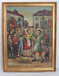 Antique Oil Painting Of Street Carnival With Musicians & Masked Revelers