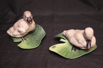 Pair Boehm Porcelain Baby Cygnet On Lotus Leaf