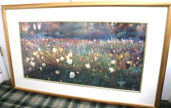 A Large Framed Print Of A Field Of Irises In Gilded Frame With Glass.