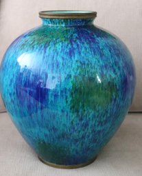 Arts & Crafts Bronze Mounted Pottery Vase With Blue Background & Green Highlights