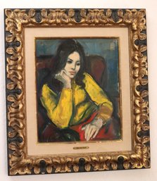 MCM Oil Painting Of Pensive Young Woman In Yellow Dress Signed Jan De Ruth In Elegant Carved Frame