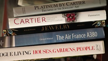 Five Vintage Hardcover Books With Vogue Living, Platinum By Cartier And Others.