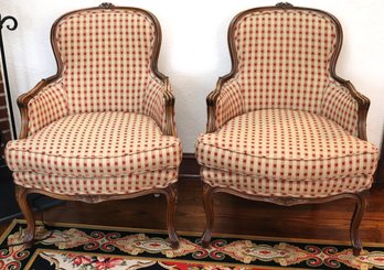 Pair Of Louis XV Style Armchairs With Carved Wood Frames & Provenal Style Checkered Fabric