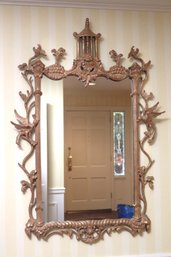 Vintage/Antique Carved Wood Wall Mirror With Ornate Design Including Birds And Branches Approx. 36 X 54 Inches