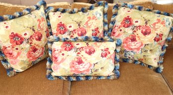 Set Of 4 Floral Rosebud & Fringe Throw Pillows With A Linen Fabric