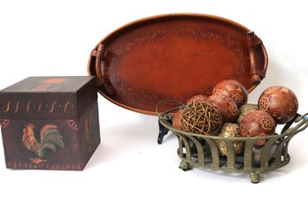 Home Decor Includes A Centerpiece Basket With Decor, Schimmel's Rooster Primitive Style Box & Wood Tray W