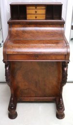 A Superb Antique Victorian Burl Wood Pop Up Davenport Desk With  Carved Legs.