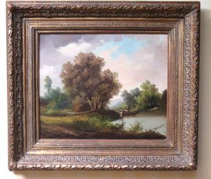 Antique Pastoral Landscape Painting Signed By The Artist In The Lower Right Corner - Hihan? In Ornate Wood Fra