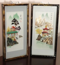 Pair Of Handmade Embossed Asian Scenery In Shadowbox Frames With Carved Shell Accents