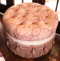 Lovely Tufted Ottoman With Bullion Fringe Wooden Legs & Casters