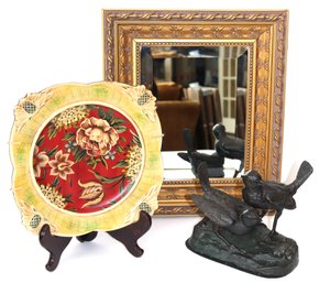 Pretty Gold Toned Mirror With A Beveled Edge Includes A Floral Plate & Cast Metal Bird Figurine