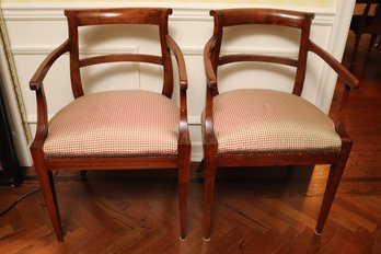 Pair Of Vintage Mahogany Wood Egret Empire Style Chairs With Custom Fabric And Nail Head Accents