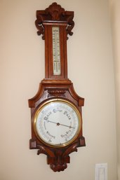 Antique Wall Barometer In Carved Oak Frame & Enamel Face