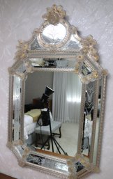Gorgeous Antique Etched Venetian Mirror With Gold Flecked Glass Ribbon Banding.