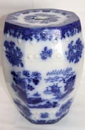 Antique Blue &  White Octagonal Porcelain Garden Stool With Asian Motif